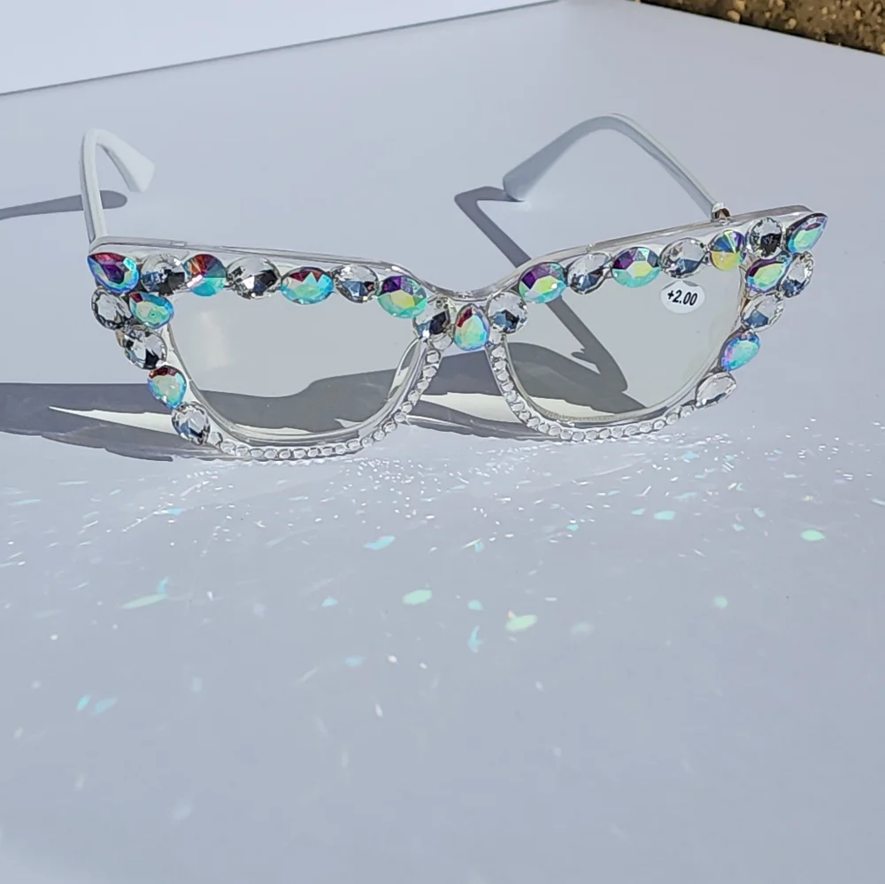 Women's Bling Cat Eye Readers Colorful Rhinestones AB Reading Glasses White+1.00